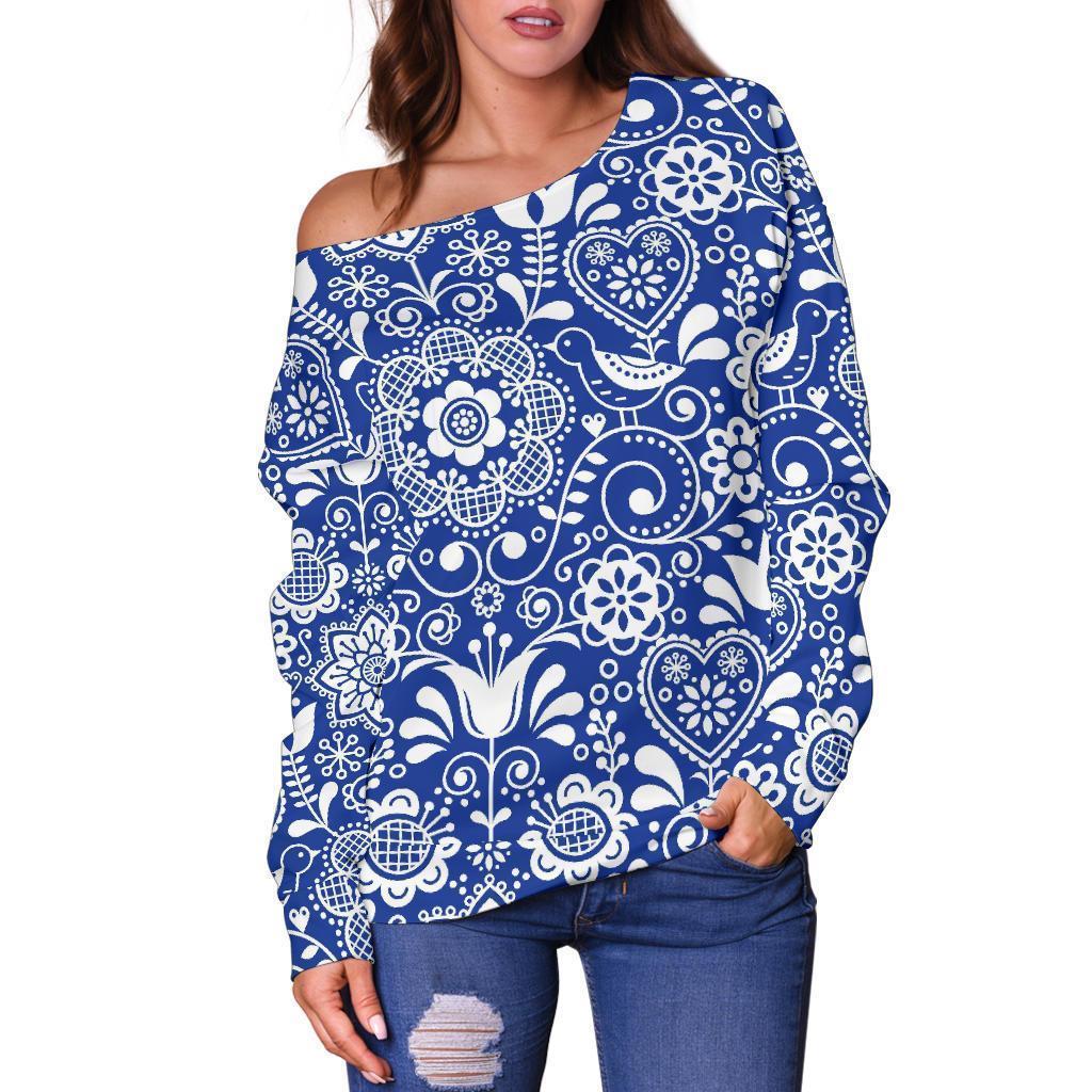 Swedish Floral Pattern Print Women Off Shoulder Sweatshirt-grizzshop