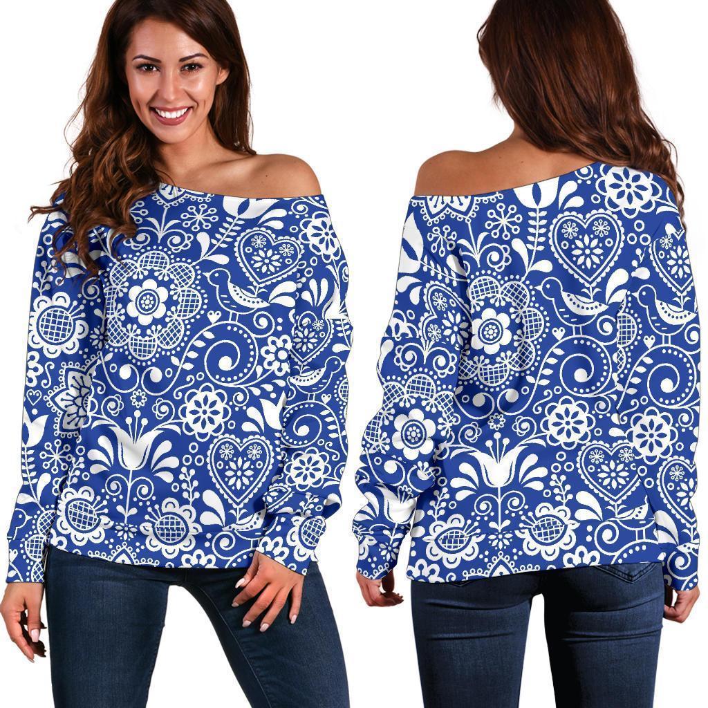 Swedish Floral Pattern Print Women Off Shoulder Sweatshirt-grizzshop