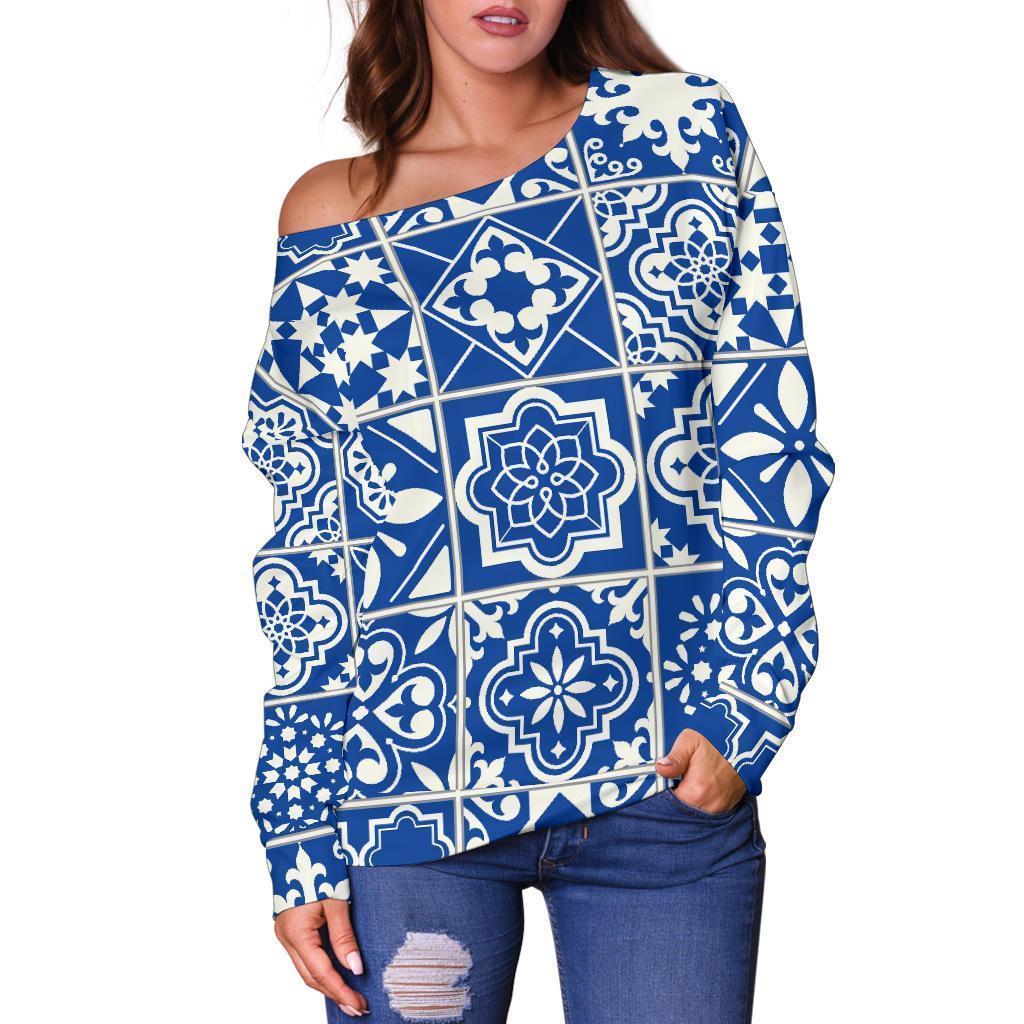 Swedish Print Pattern Women Off Shoulder Sweatshirt-grizzshop