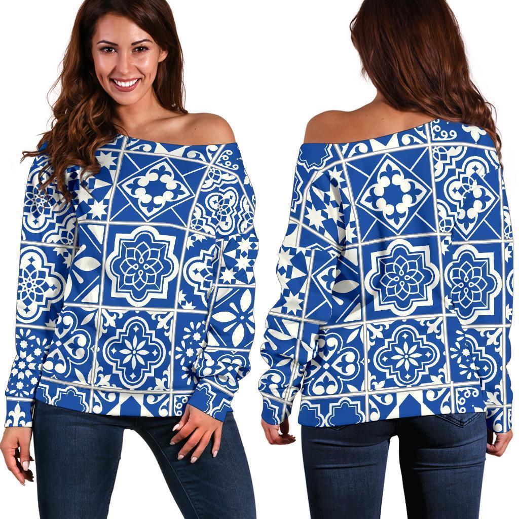 Swedish Print Pattern Women Off Shoulder Sweatshirt-grizzshop