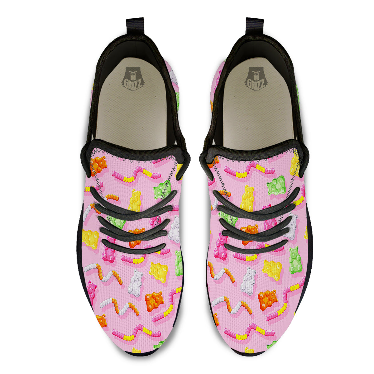 Sweet Gummy Bears And Worms Print Pattern Black Athletic Shoes-grizzshop