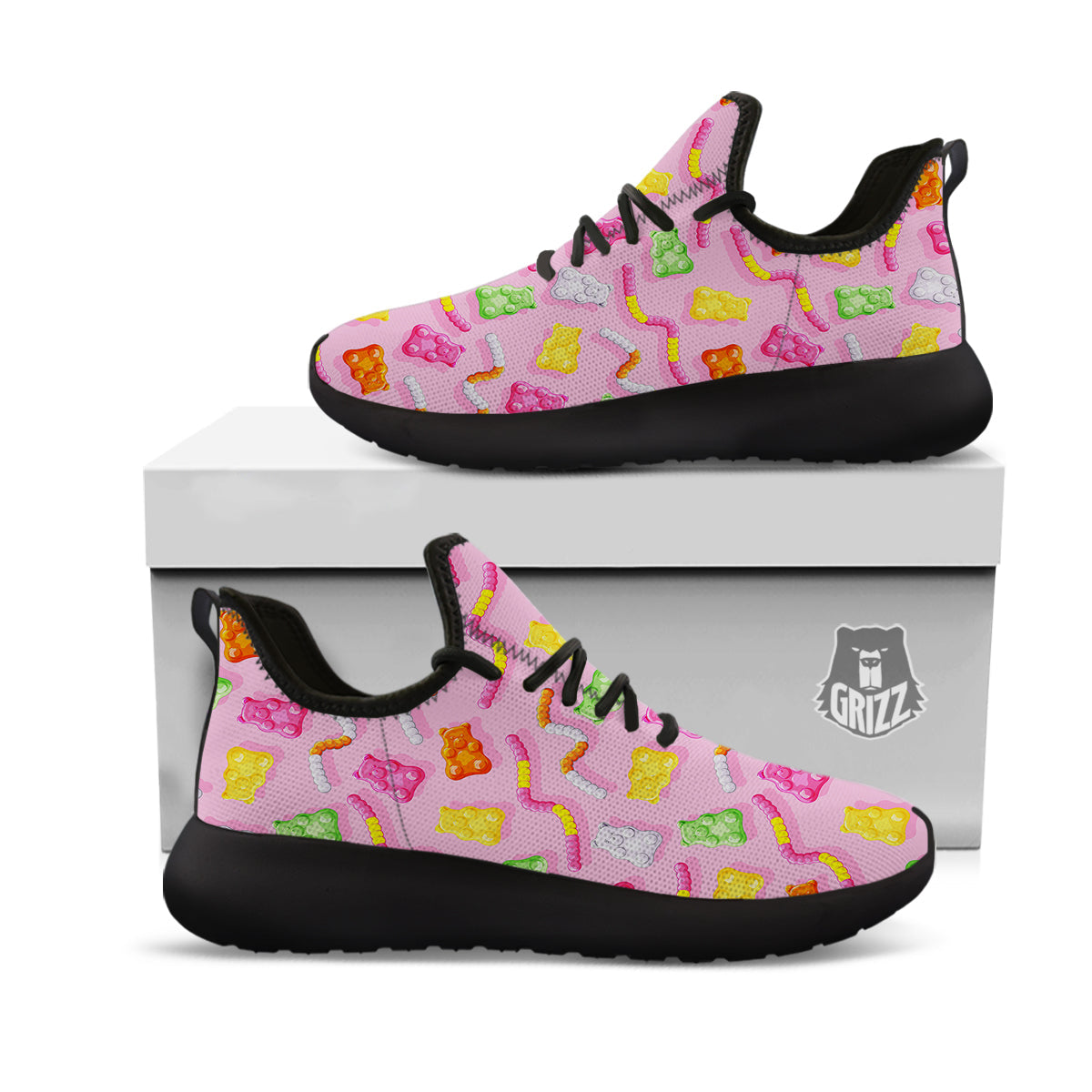 Sweet Gummy Bears And Worms Print Pattern Black Athletic Shoes-grizzshop