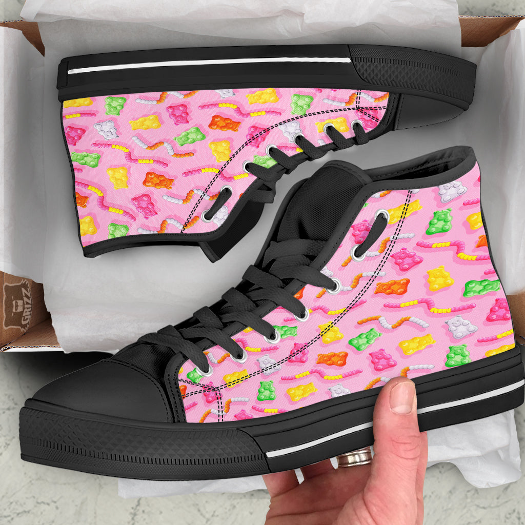 Sweet Gummy Bears And Worms Print Pattern Black High Top Shoes-grizzshop