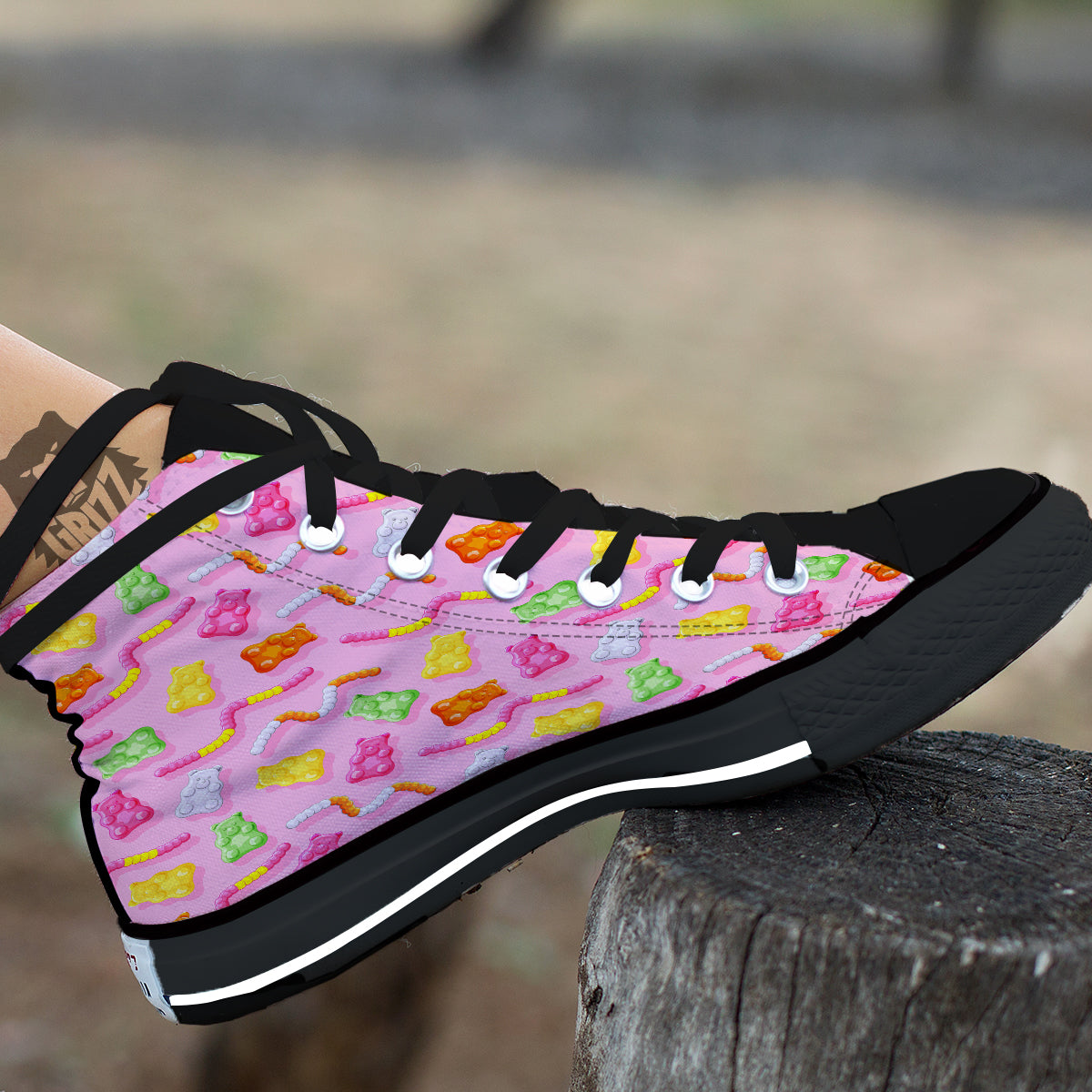 Sweet Gummy Bears And Worms Print Pattern Black High Top Shoes-grizzshop