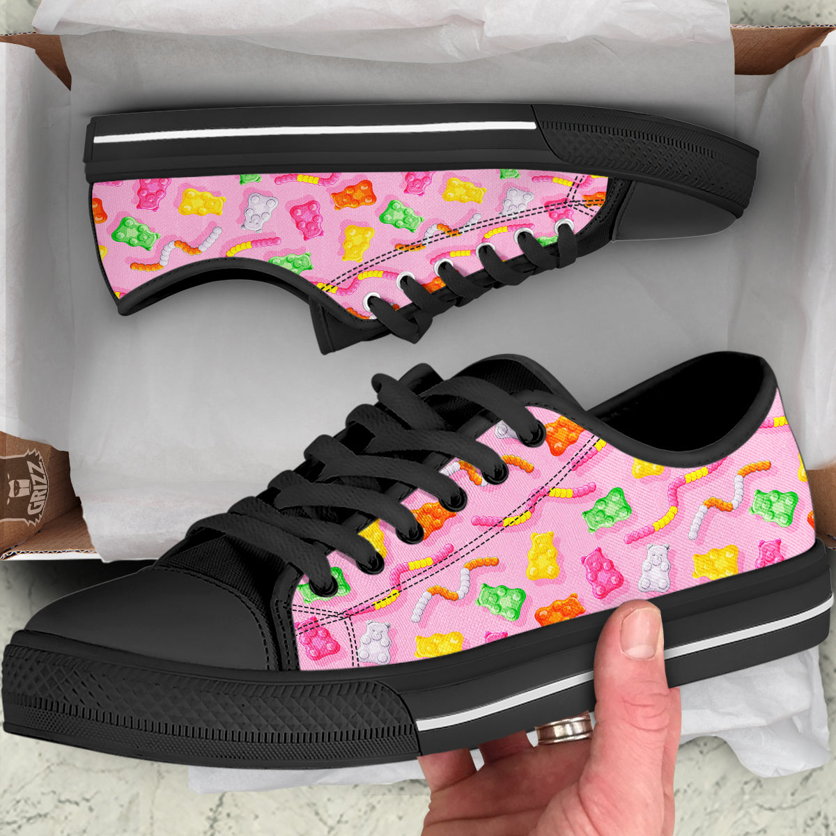 Sweet Gummy Bears And Worms Print Pattern Black Low Top Shoes-grizzshop