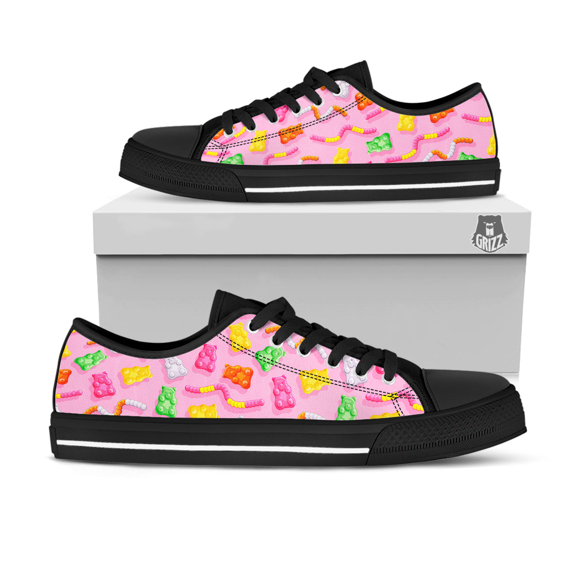 Sweet Gummy Bears And Worms Print Pattern Black Low Top Shoes-grizzshop