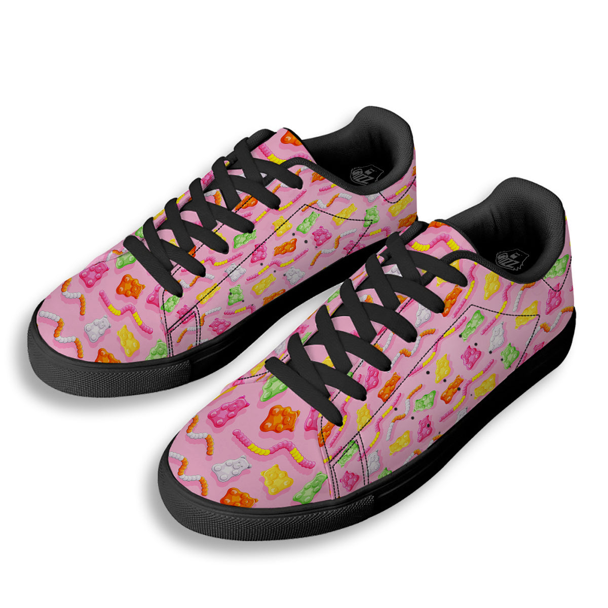 Sweet Gummy Bears And Worms Print Pattern Black Low Top Sneakers-grizzshop