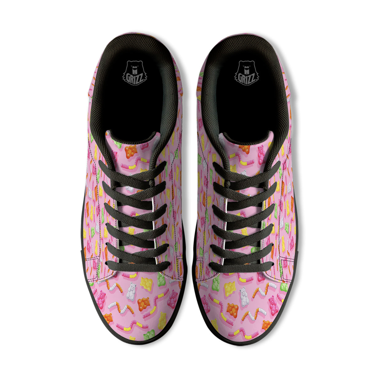 Sweet Gummy Bears And Worms Print Pattern Black Low Top Sneakers-grizzshop