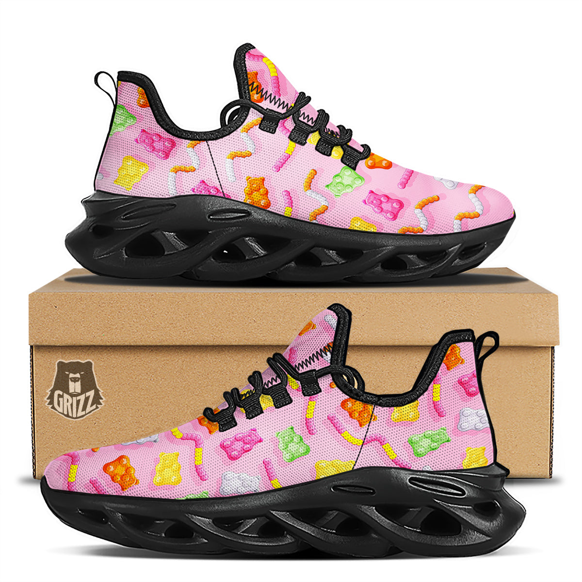 Sweet Gummy Bears And Worms Print Pattern Black Running Shoes-grizzshop