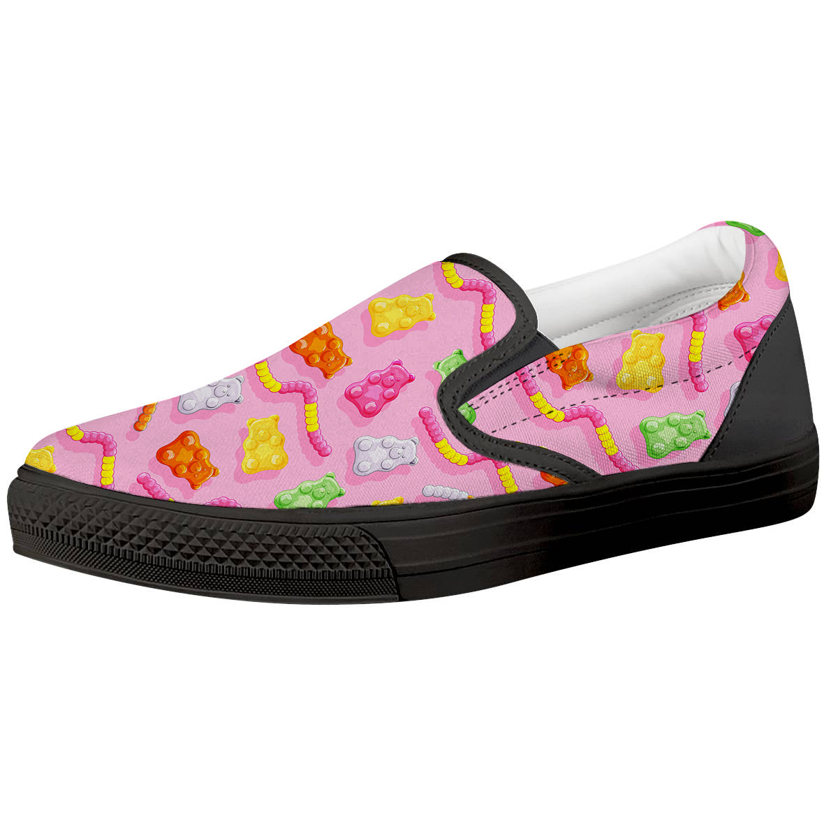 Sweet Gummy Bears And Worms Print Pattern Black Slip On Shoes-grizzshop