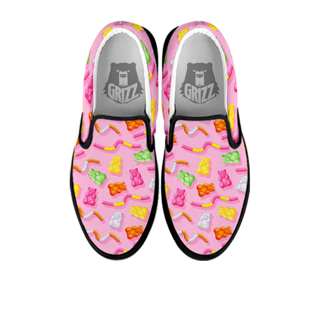 Sweet Gummy Bears And Worms Print Pattern Black Slip On Shoes-grizzshop