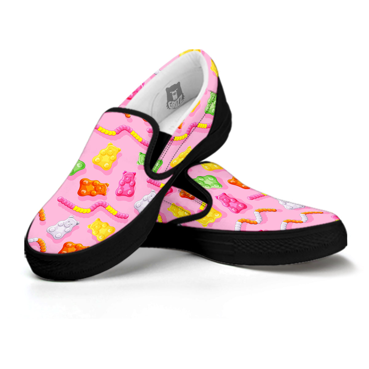 Sweet Gummy Bears And Worms Print Pattern Black Slip On Shoes-grizzshop