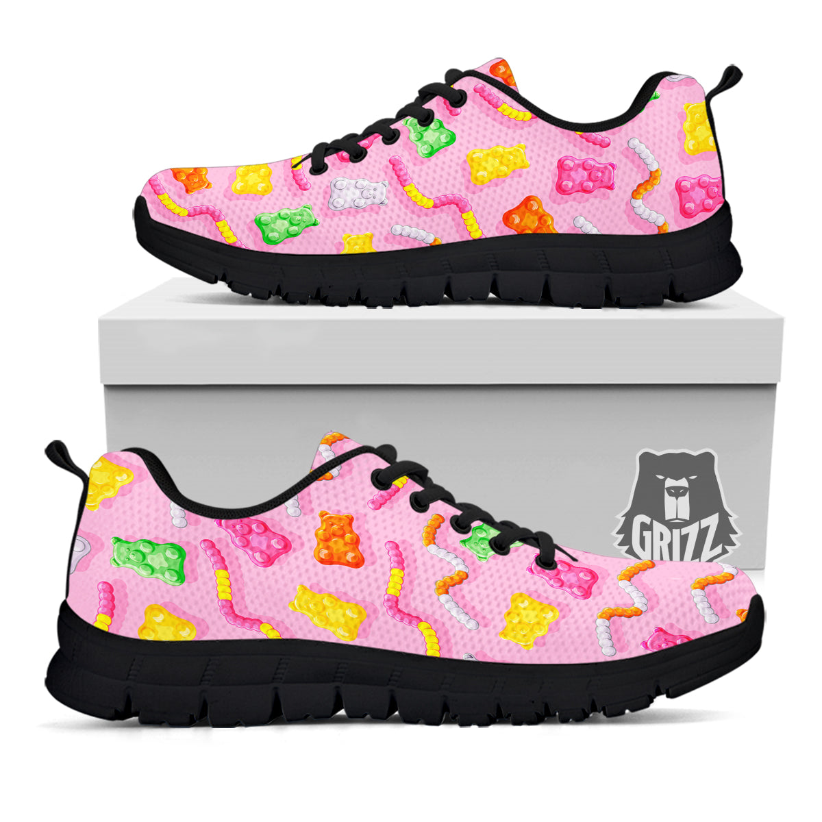 Sweet Gummy Bears And Worms Print Pattern Black Sneaker-grizzshop
