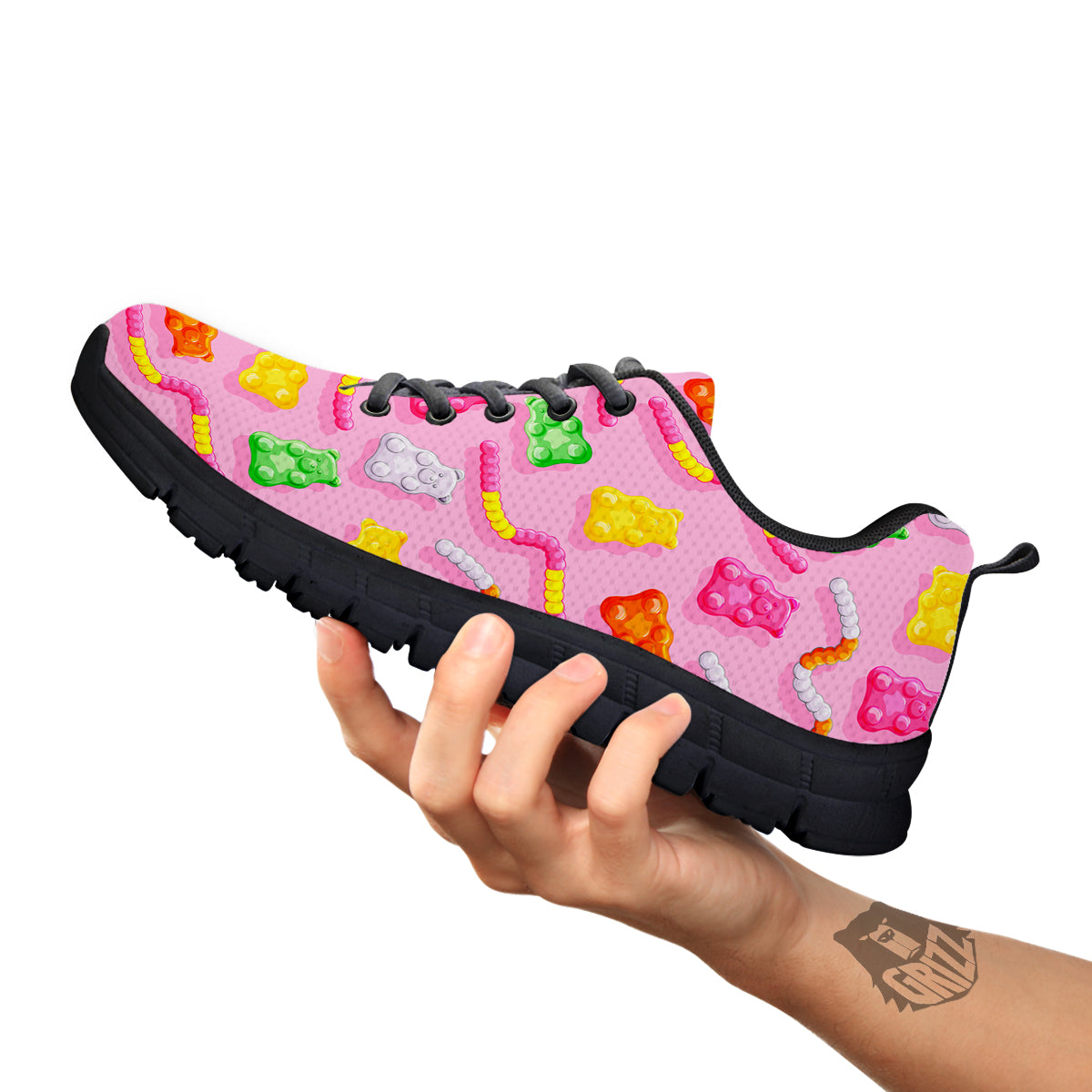 Sweet Gummy Bears And Worms Print Pattern Black Sneaker-grizzshop