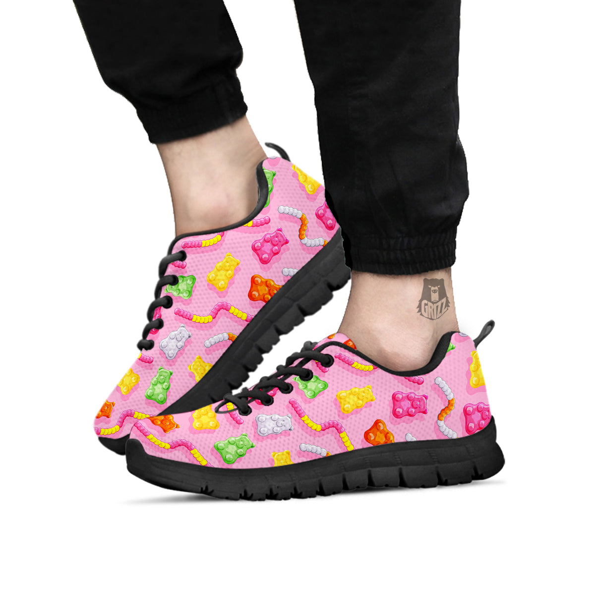 Sweet Gummy Bears And Worms Print Pattern Black Sneaker-grizzshop
