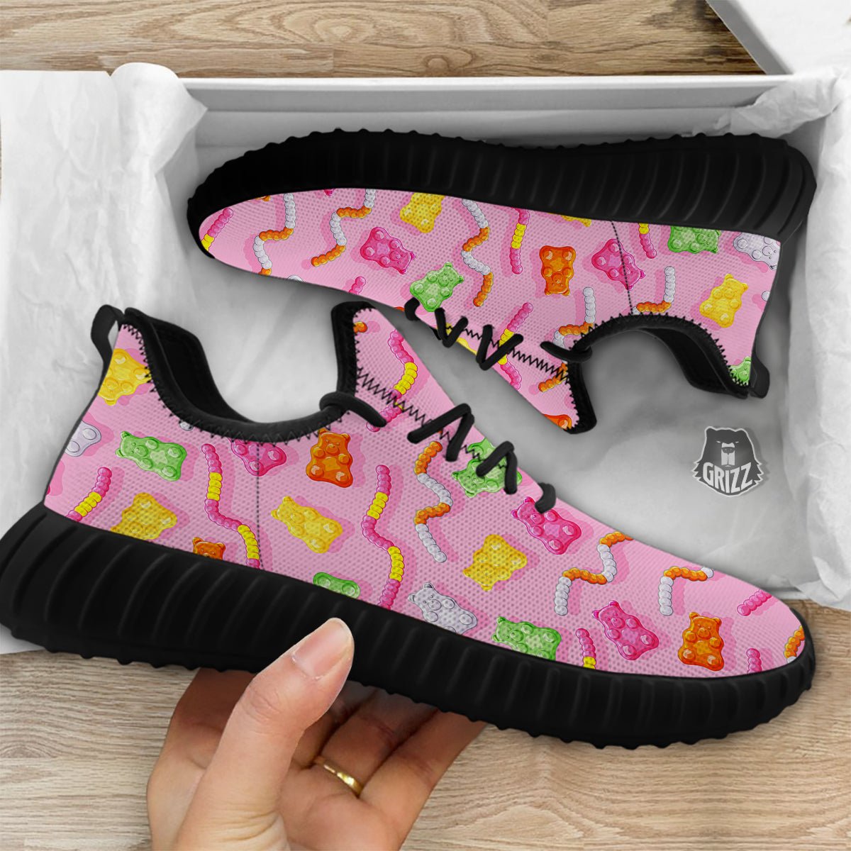 Sweet Gummy Bears And Worms Print Pattern Black Walking Shoes-grizzshop