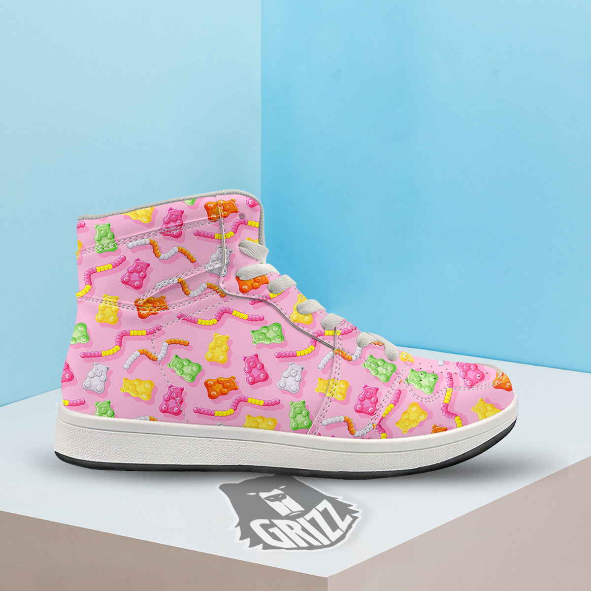 Sweet Gummy Bears And Worms Print Pattern High Top Sneakers-grizzshop