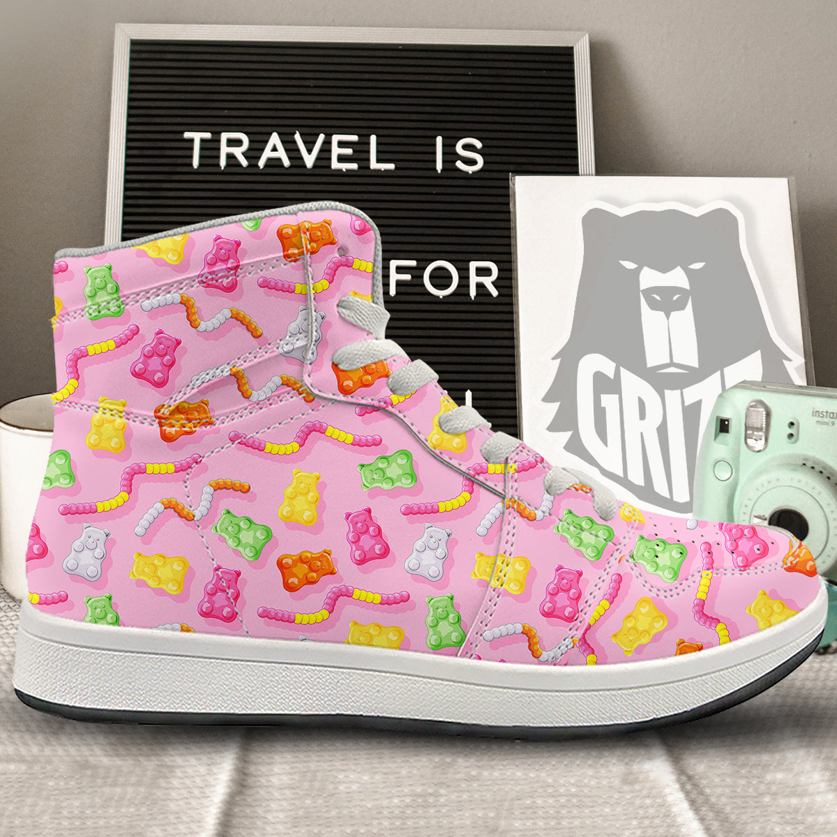 Sweet Gummy Bears And Worms Print Pattern High Top Sneakers-grizzshop