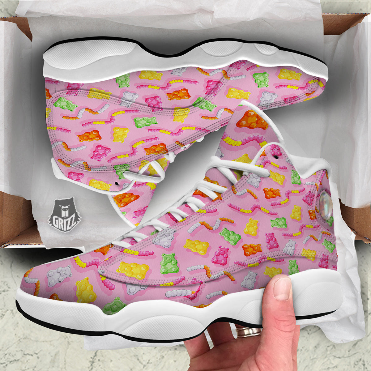 Sweet Gummy Bears And Worms Print Pattern White Basketball Shoes-grizzshop