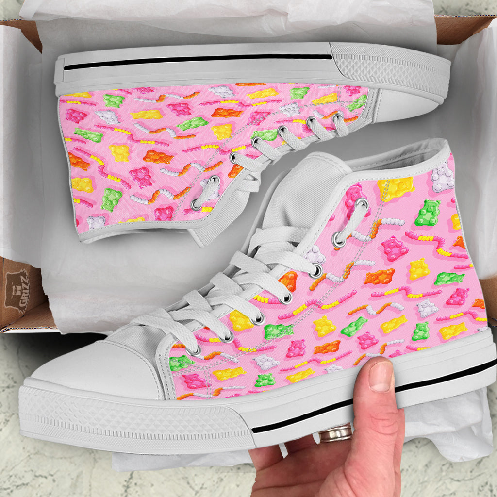 Sweet Gummy Bears And Worms Print Pattern White High Top Shoes-grizzshop