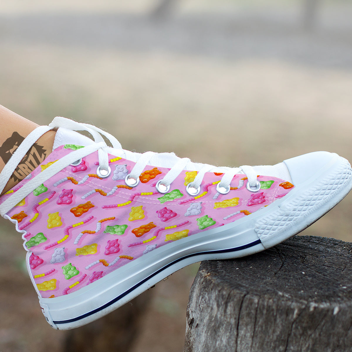 Sweet Gummy Bears And Worms Print Pattern White High Top Shoes-grizzshop