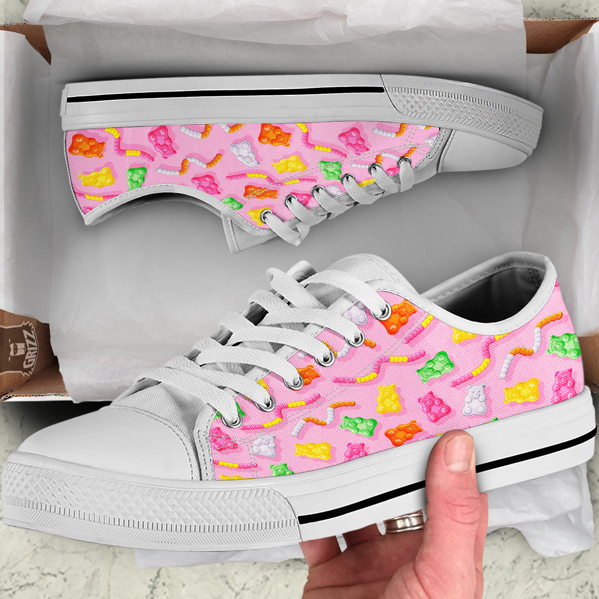 Sweet Gummy Bears And Worms Print Pattern White Low Top Shoes-grizzshop