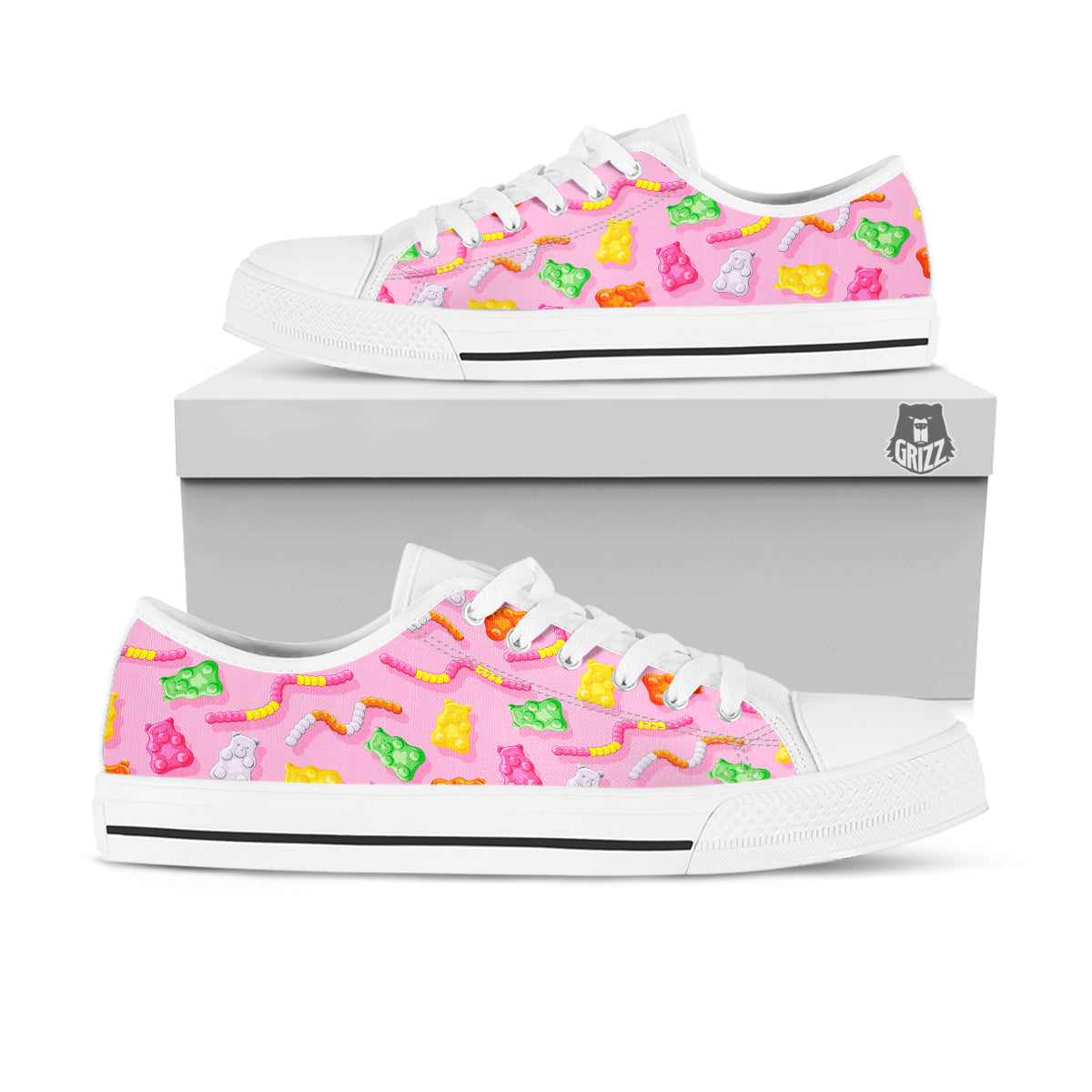 Sweet Gummy Bears And Worms Print Pattern White Low Top Shoes-grizzshop