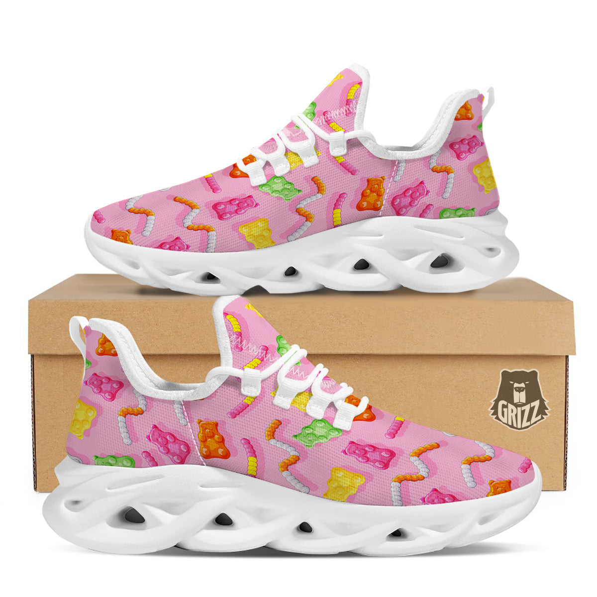 Sweet Gummy Bears And Worms Print Pattern White Running Shoes-grizzshop