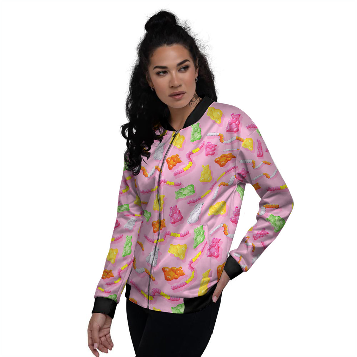 Sweet Gummy Bears And Worms Print Pattern Women's Bomber Jacket-grizzshop