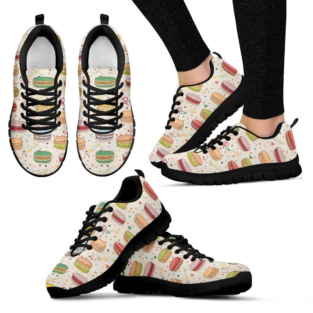 Sweet Macaron Pattern Print Black Sneaker Shoes For Men Women-grizzshop