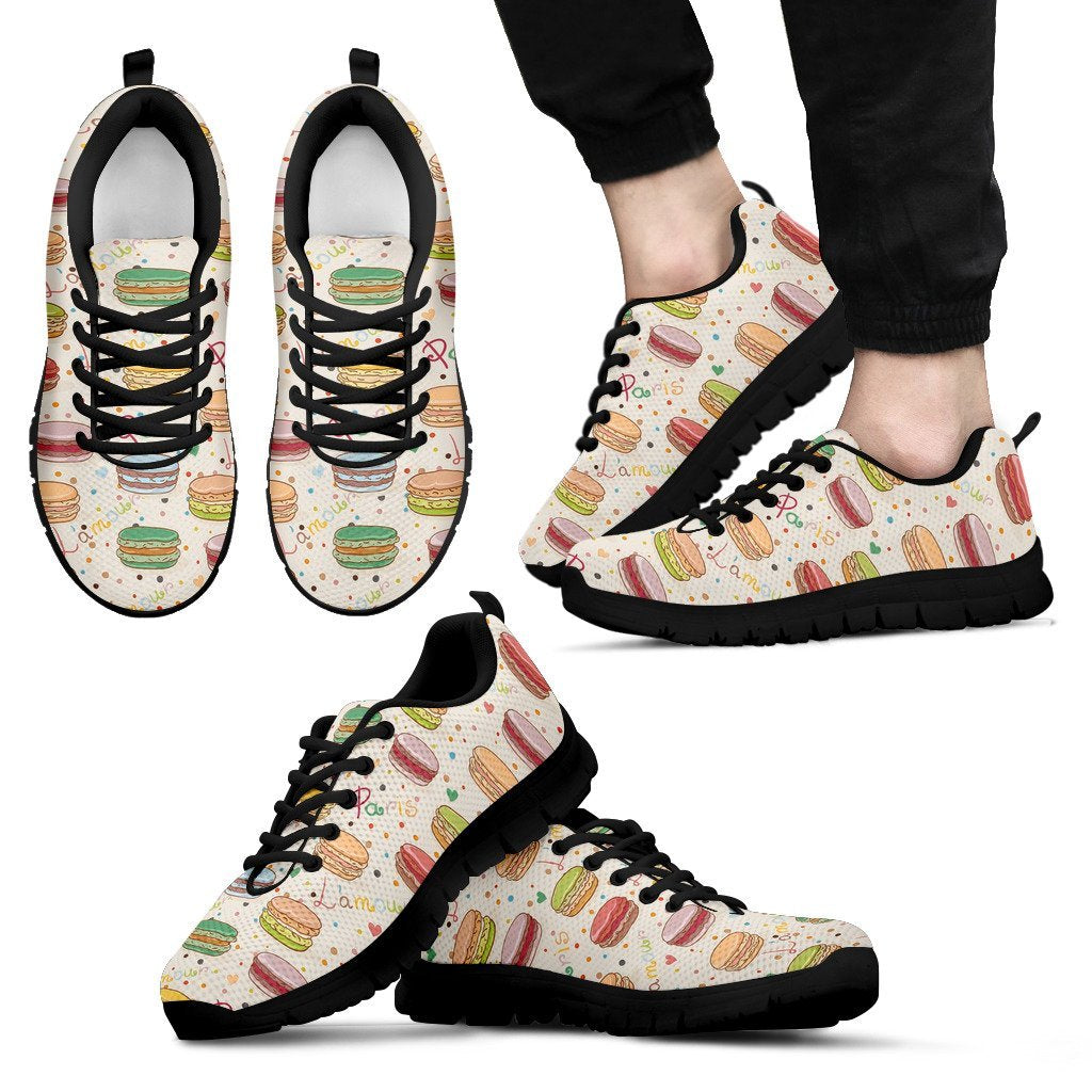 Sweet Macaron Pattern Print Black Sneaker Shoes For Men Women-grizzshop