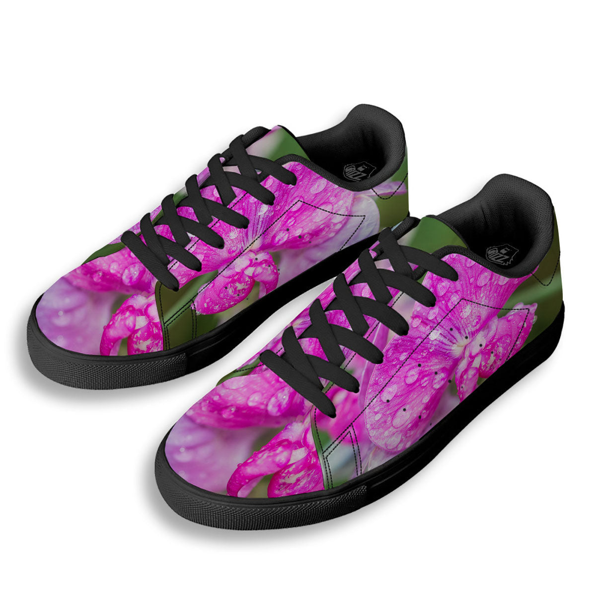 Sweet Pea Purple Print Black Low Top Sneakers-grizzshop
