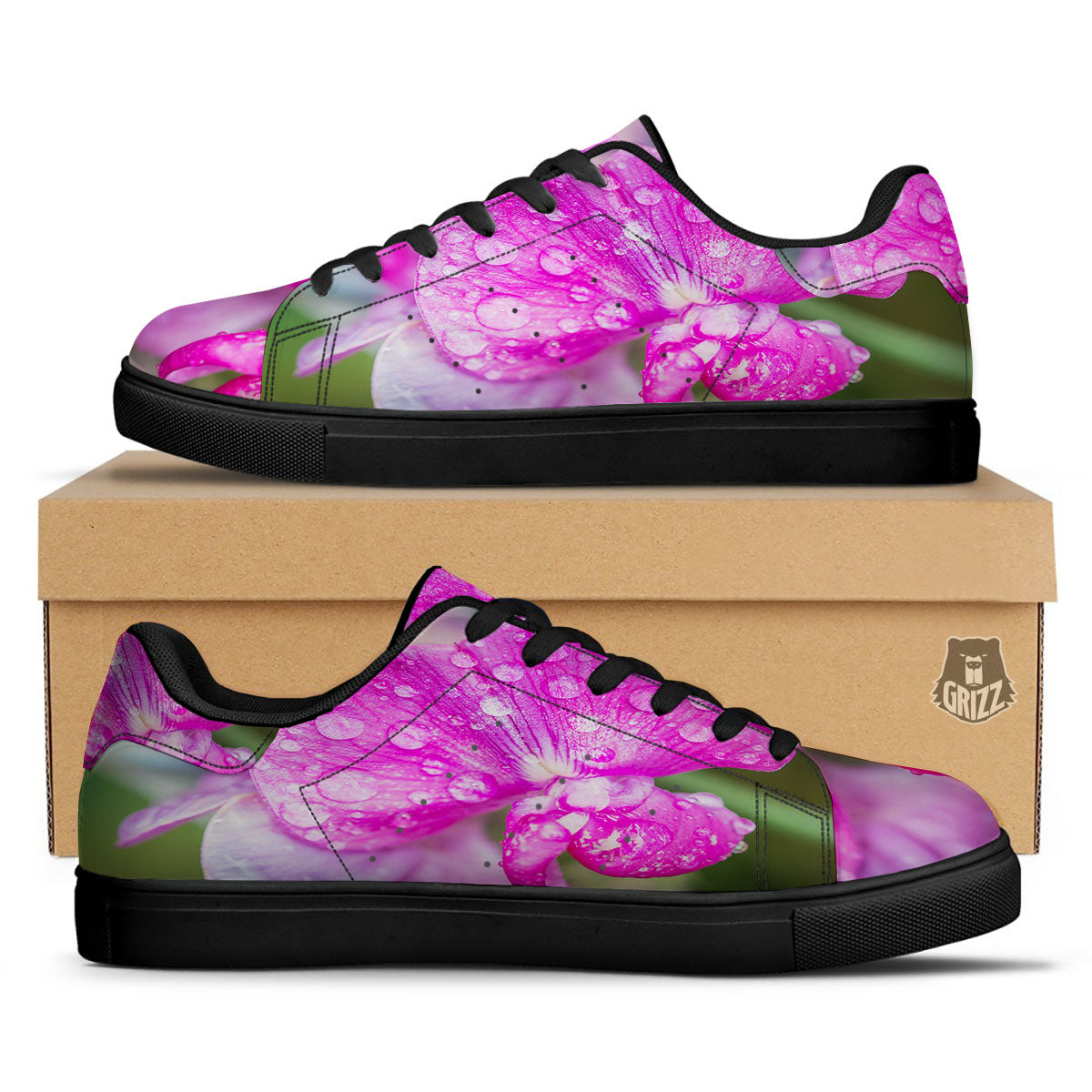 Sweet Pea Purple Print Black Low Top Sneakers-grizzshop