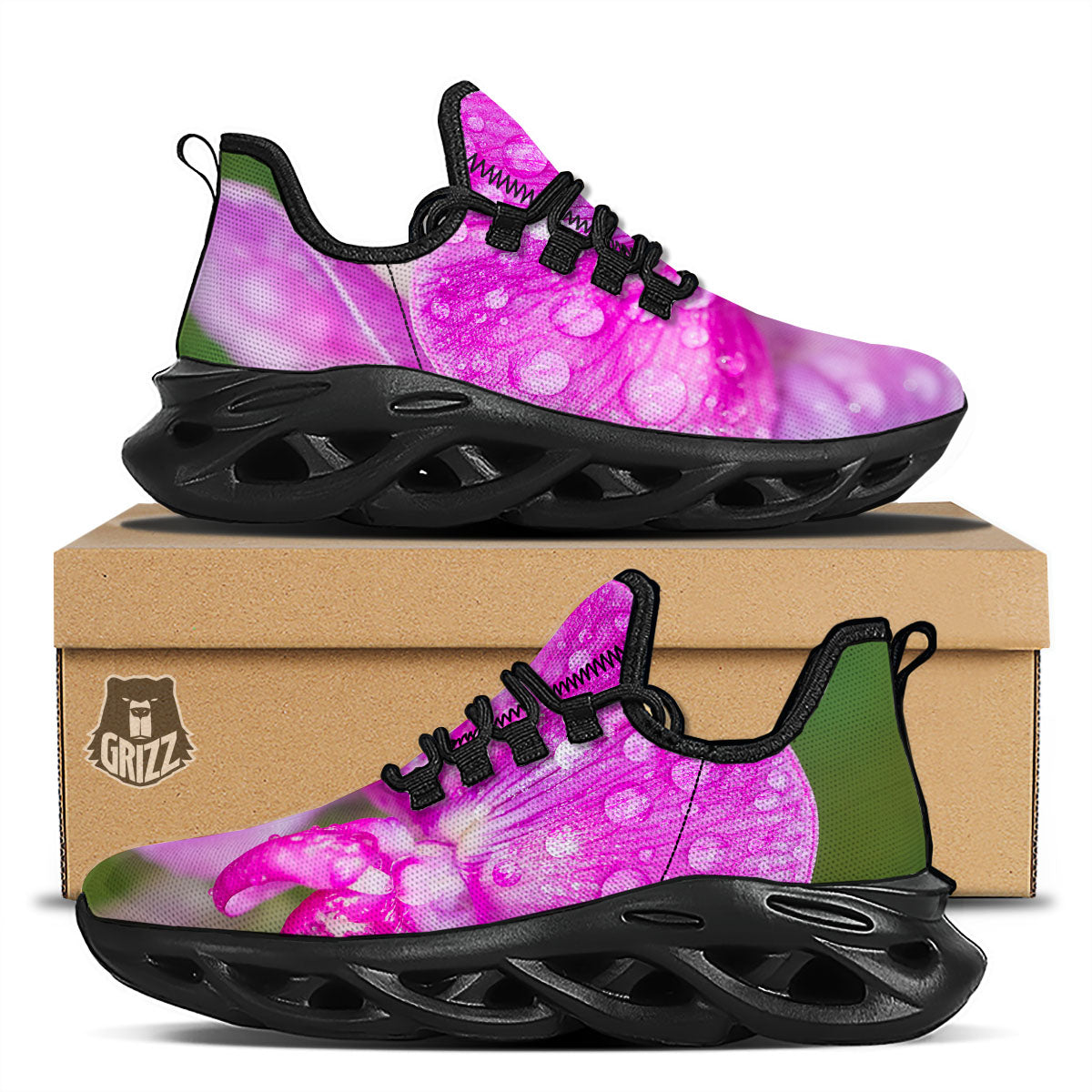 Sweet Pea Purple Print Black Running Shoes-grizzshop