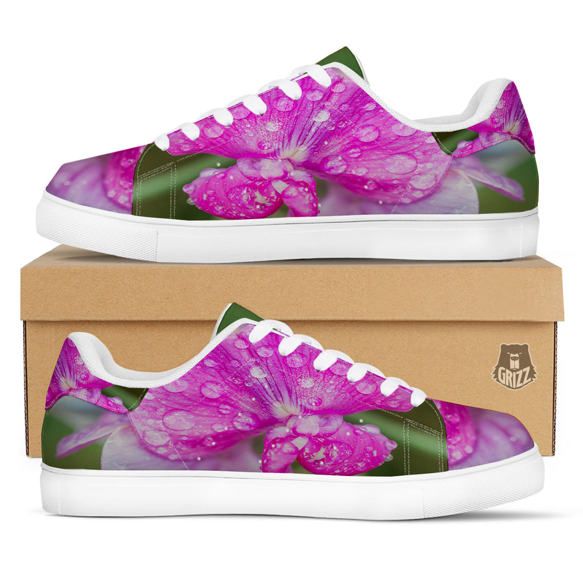Sweet Pea Purple Print White Low Top Sneakers-grizzshop