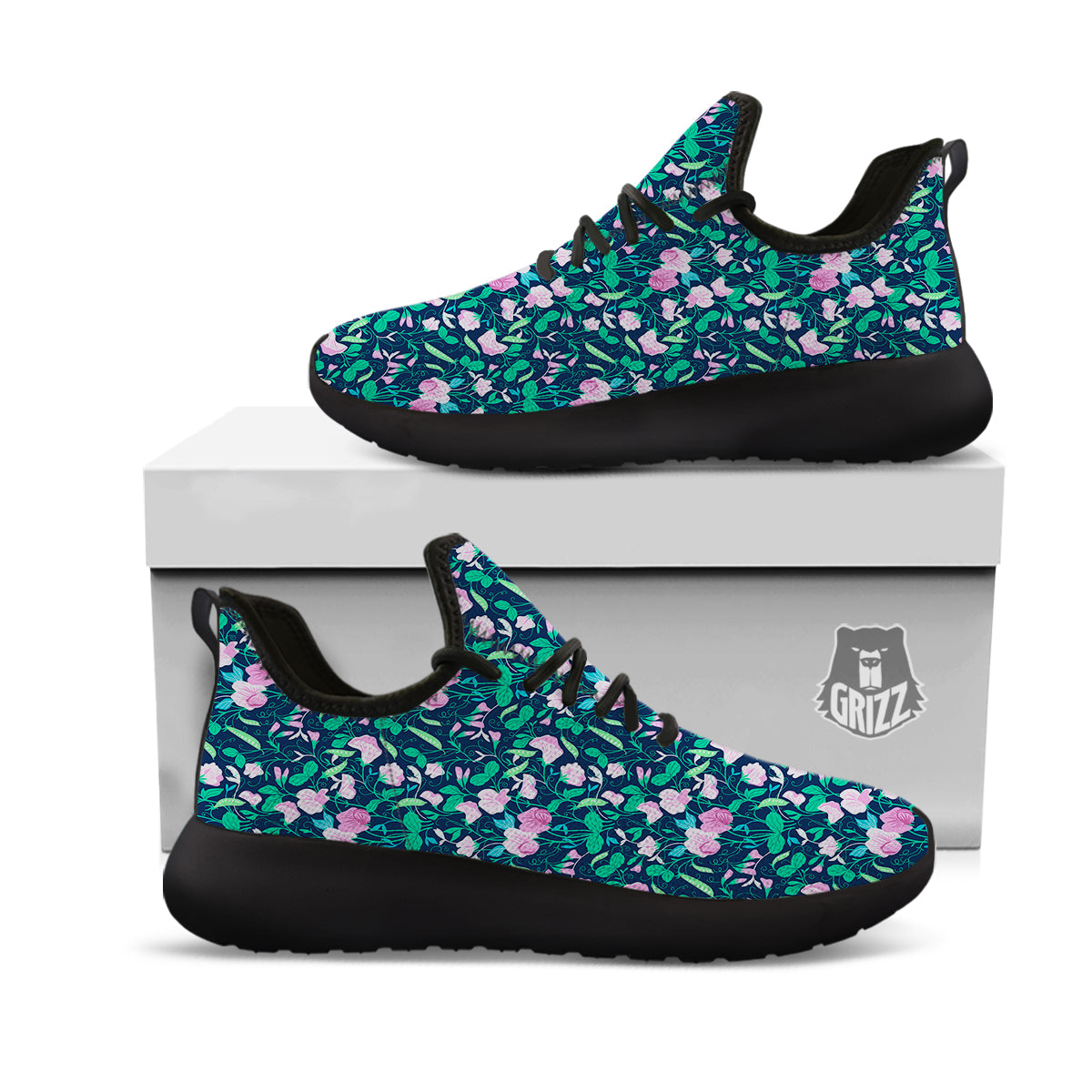 Sweet Pea Vintage Print Pattern Black Athletic Shoes-grizzshop