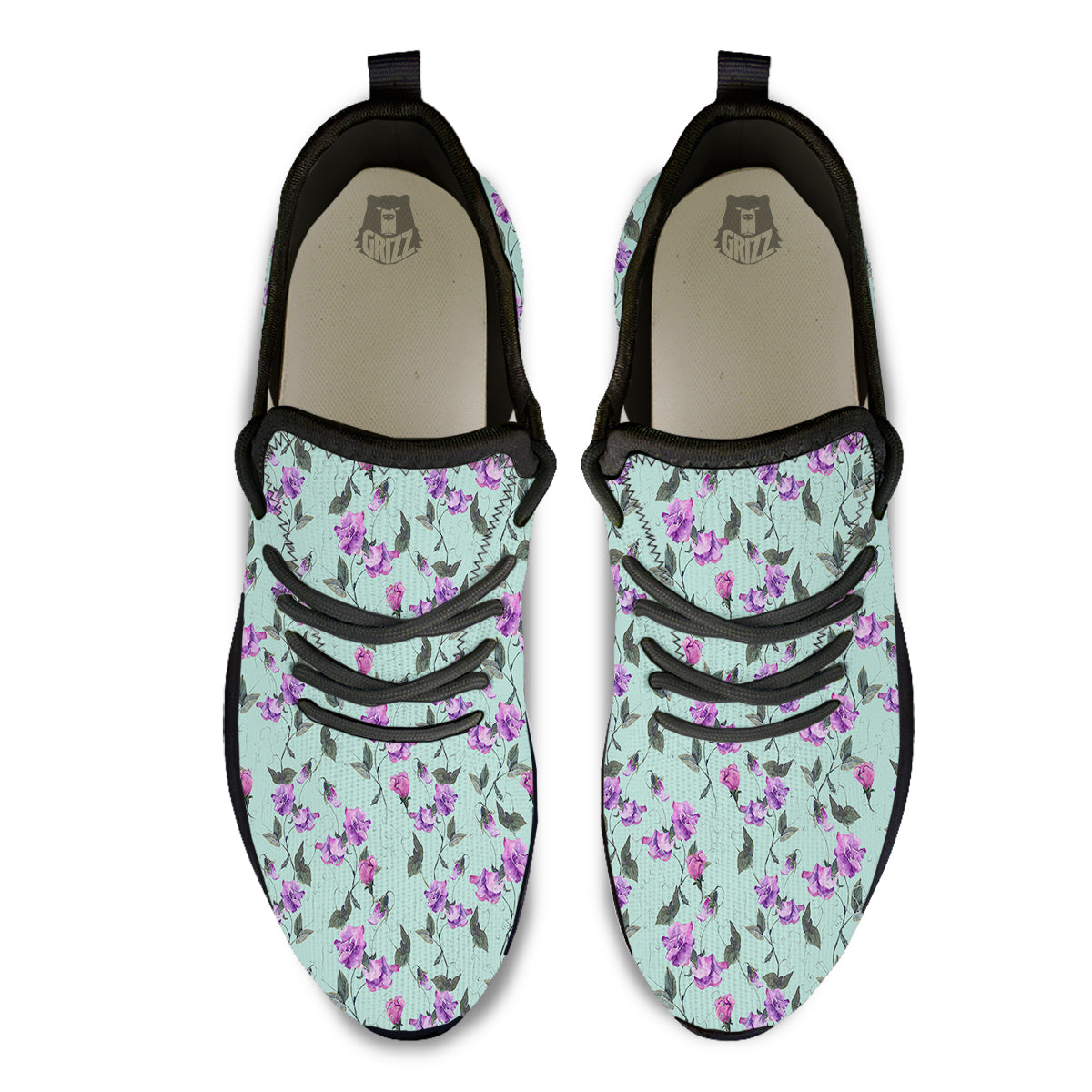 Sweet Pea Watercolor Print Pattern Black Athletic Shoes-grizzshop