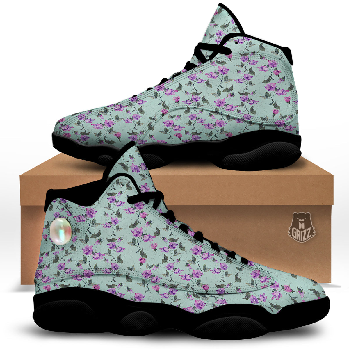 Sweet Pea Watercolor Print Pattern Black Basketball Shoes-grizzshop