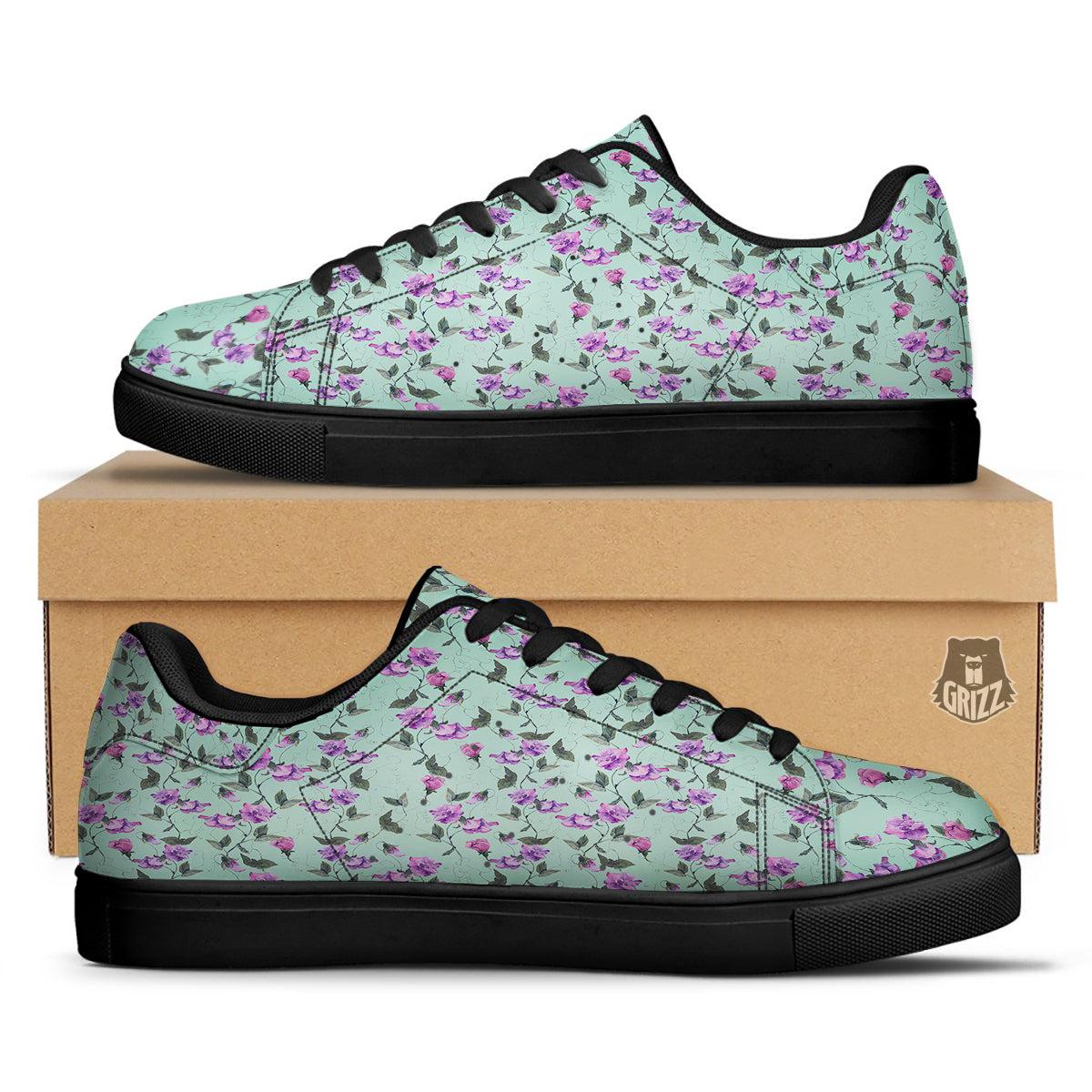 Sweet Pea Watercolor Print Pattern Black Low Top Sneakers-grizzshop