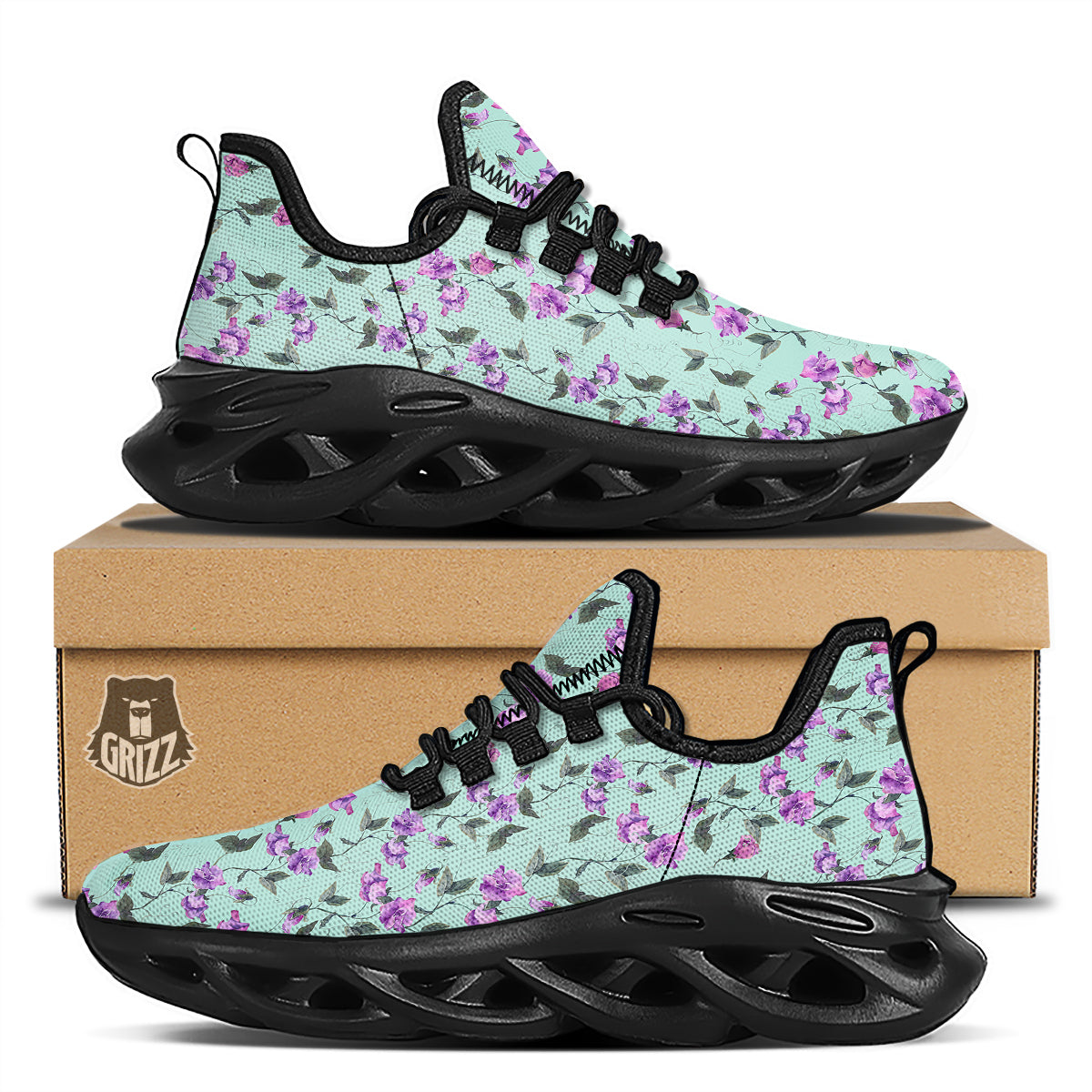 Sweet Pea Watercolor Print Pattern Black Running Shoes-grizzshop
