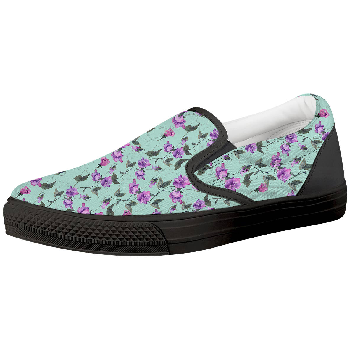 Sweet Pea Watercolor Print Pattern Black Slip On Shoes-grizzshop