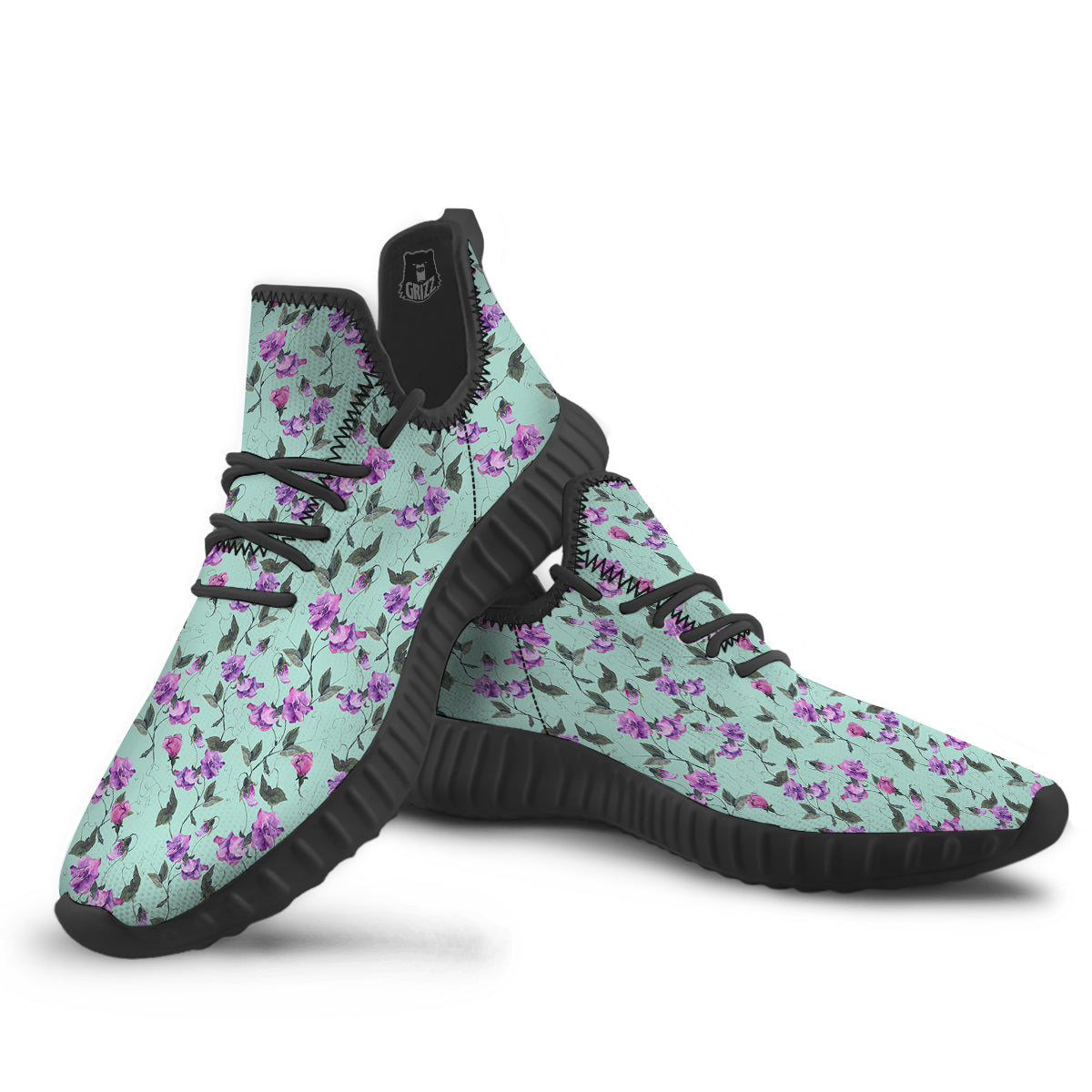 Sweet Pea Watercolor Print Pattern Black Walking Shoes-grizzshop