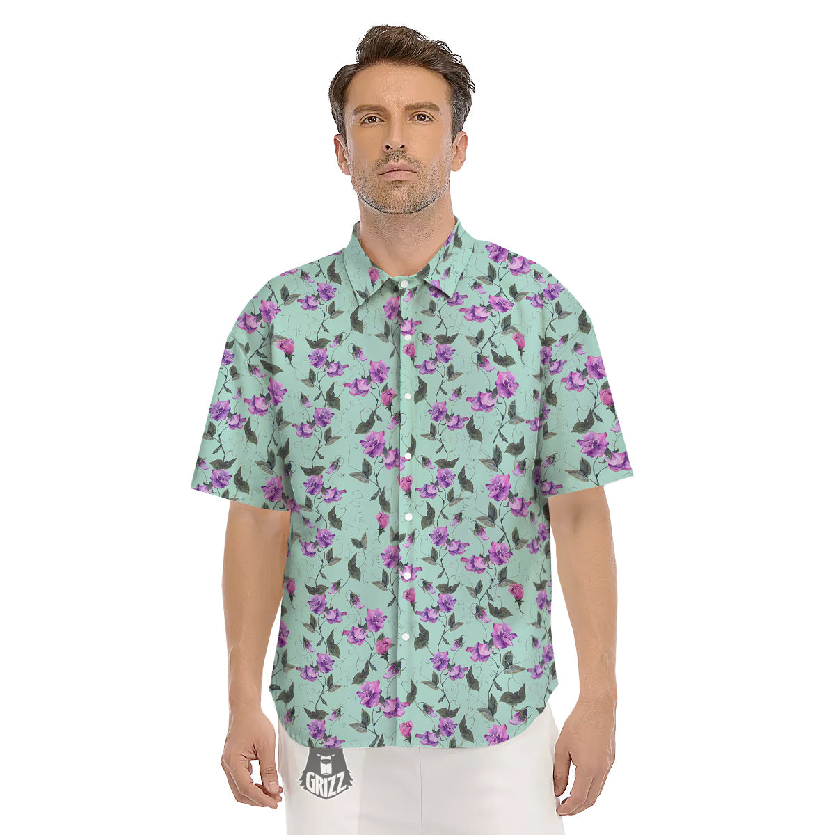 Sweet Pea Watercolor Print Pattern Men's Short Sleeve Shirts-grizzshop