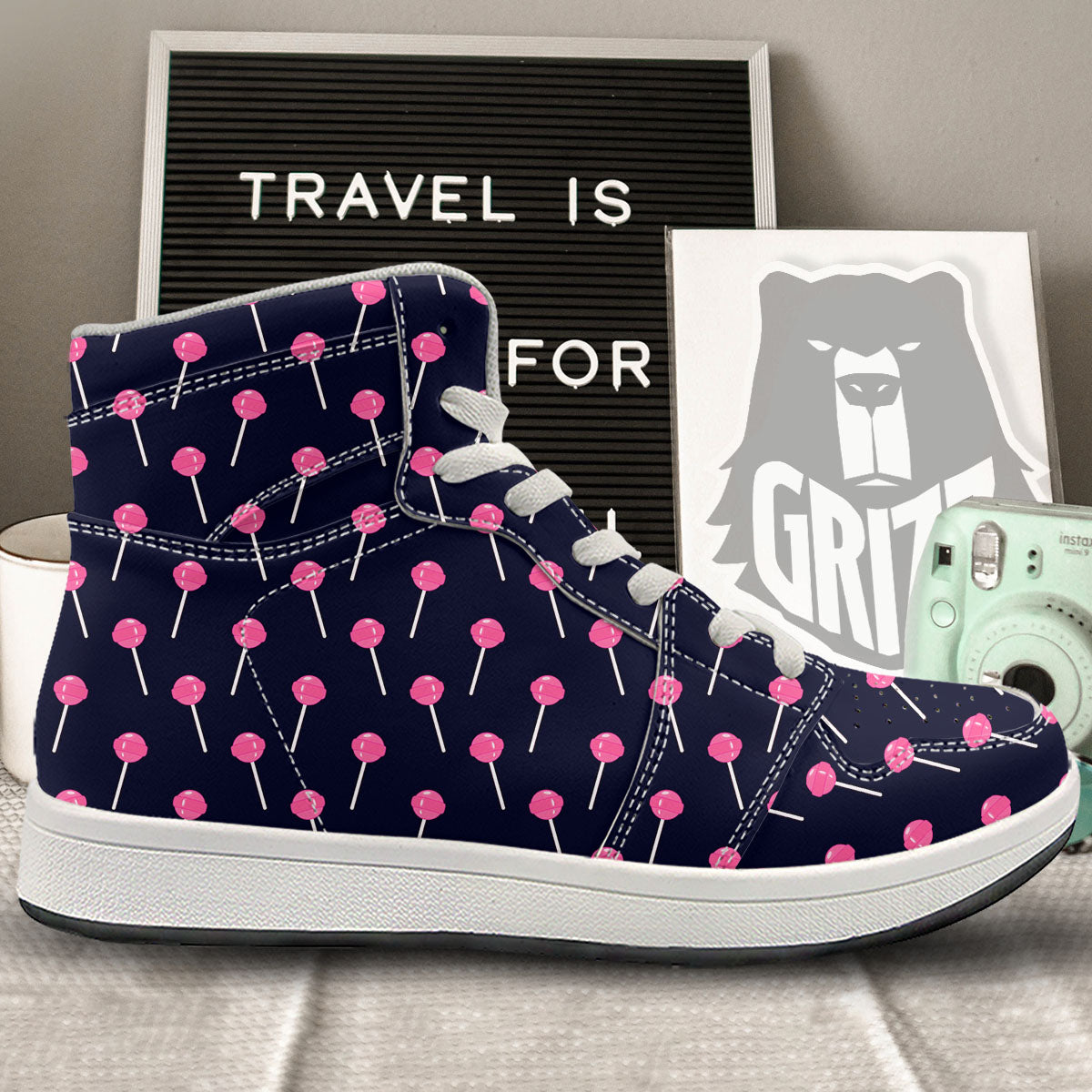 Sweet Pink Lollipop Print Pattern High Top Sneakers-grizzshop