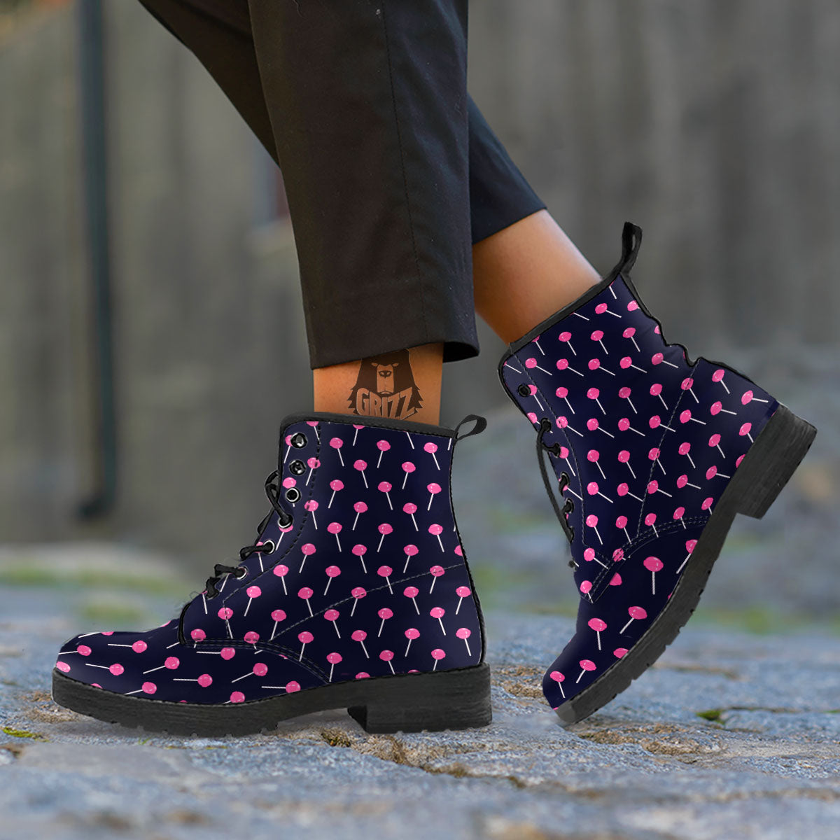 Sweet Pink Lollipop Print Pattern Leather Boots-grizzshop