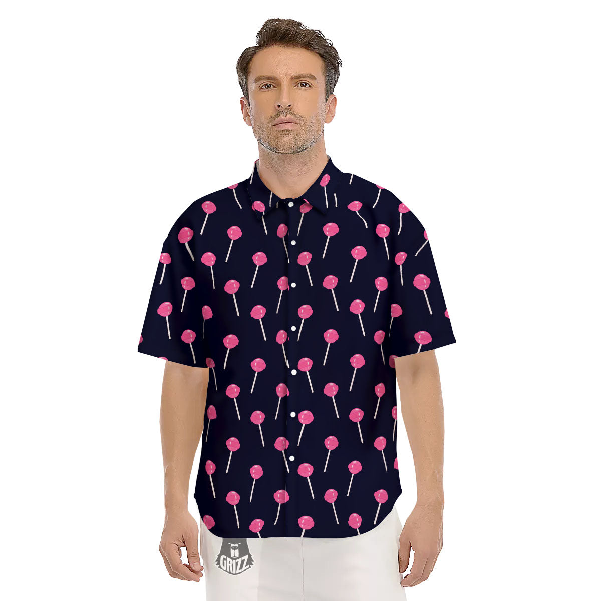 Sweet Pink Lollipop Print Pattern Men's Short Sleeve Shirts-grizzshop