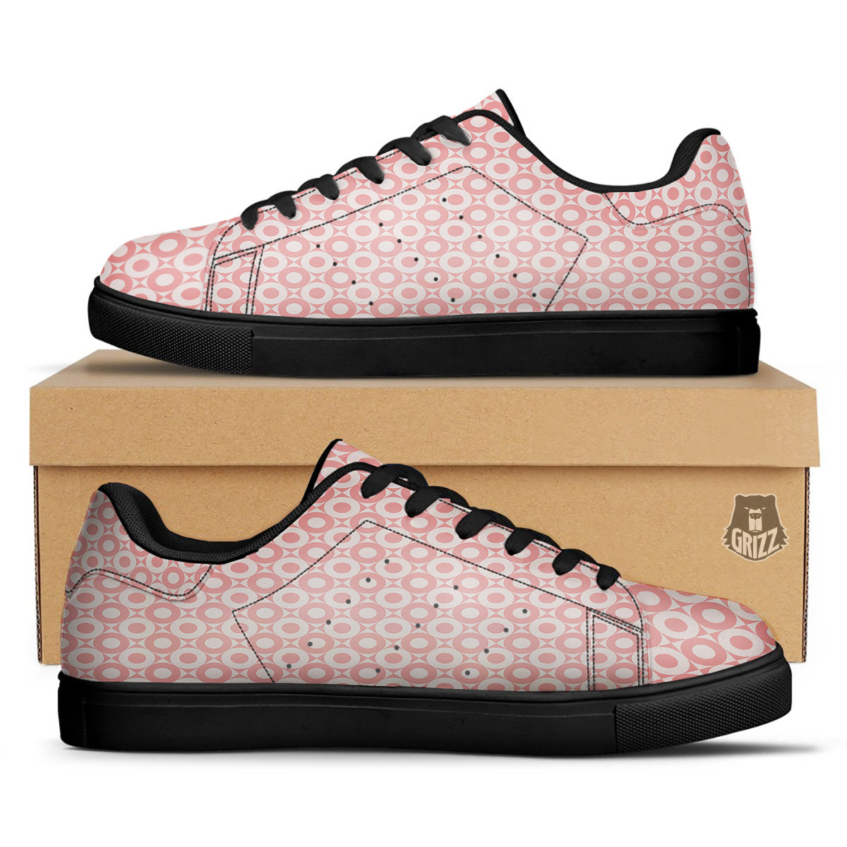 Sweet Pink Round And Square Print Pattern Black Low Top Sneakers-grizzshop
