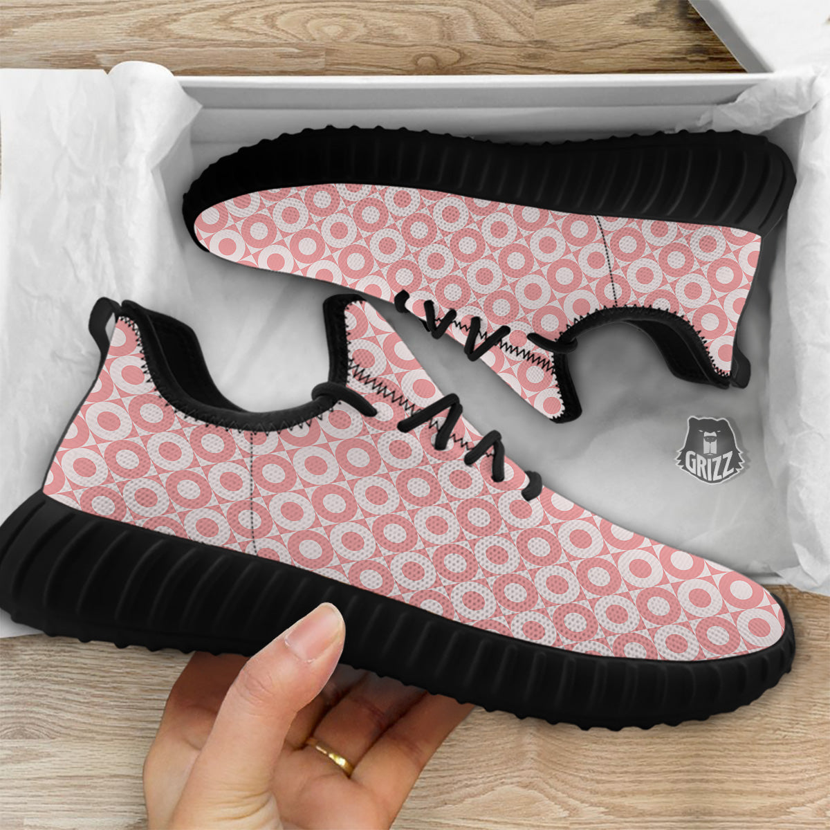 Sweet Pink Round And Square Print Pattern Black Walking Shoes-grizzshop