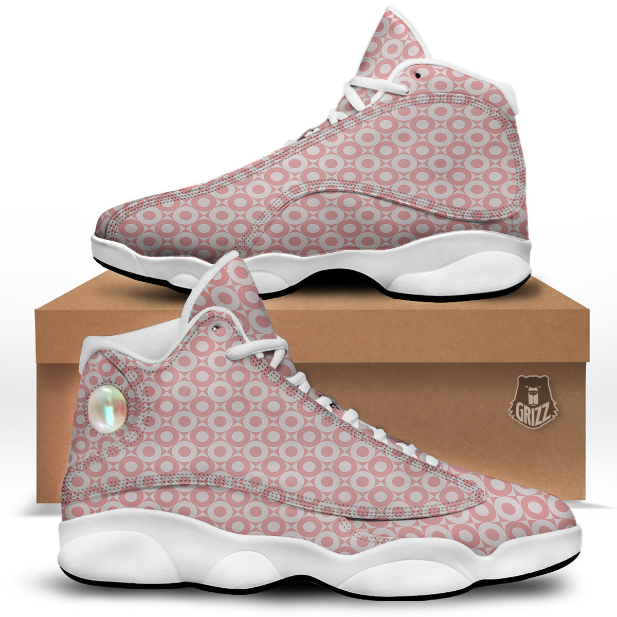 Sweet Pink Round And Square Print Pattern White Basketball Shoes-grizzshop