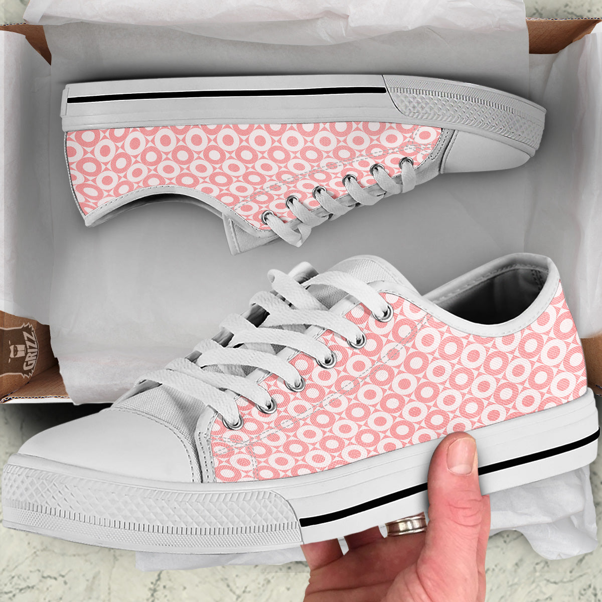 Sweet Pink Round And Square Print Pattern White Low Top Shoes-grizzshop